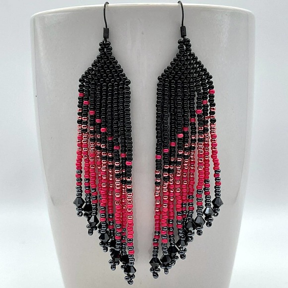 Seed Bead Fringe Dangle Earrings Watermelon Pink Gunmetal Black Glass Crystals - Picture 8 of 10